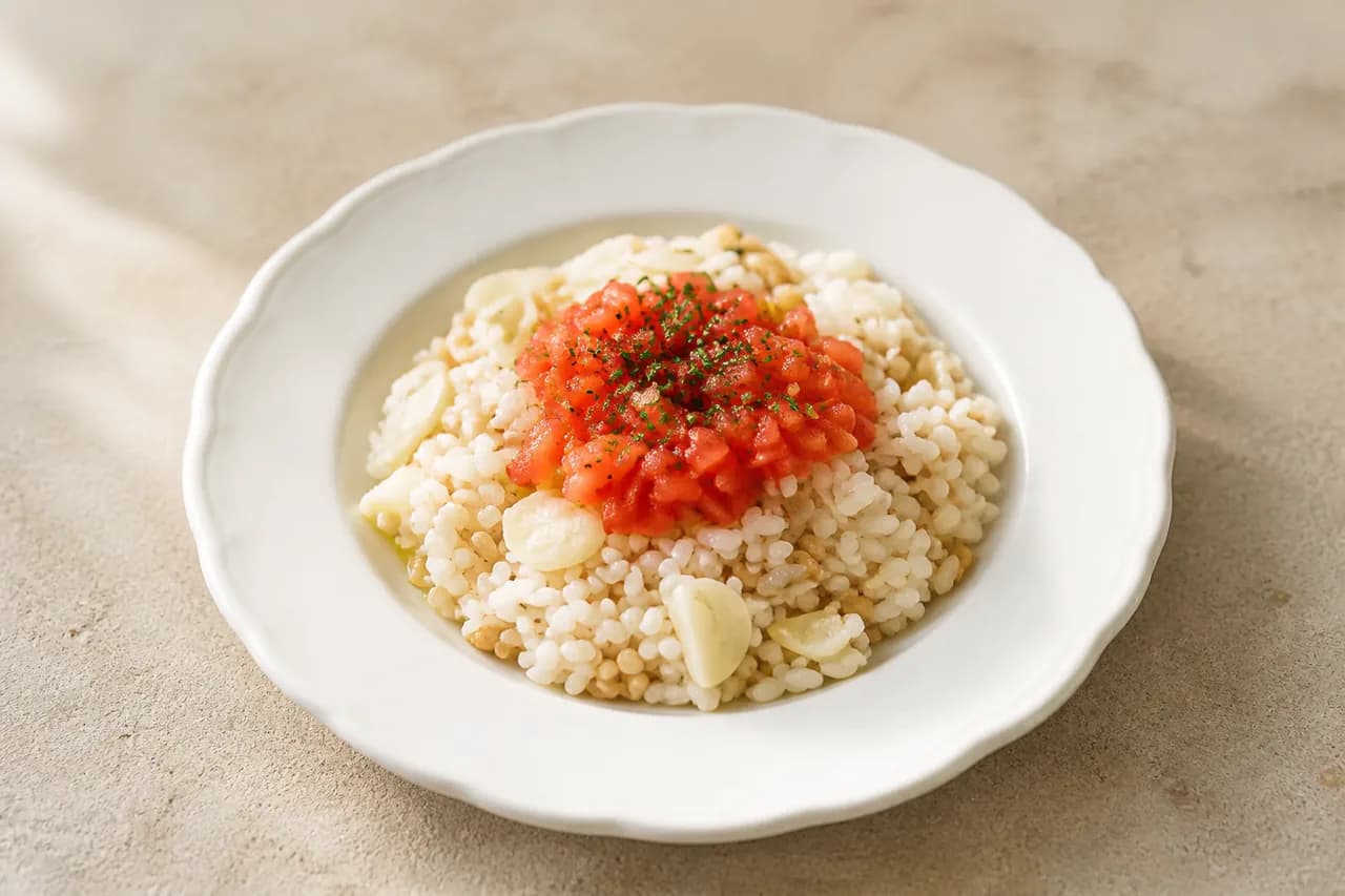 토마토를 곁들인 마늘밥の完成写真